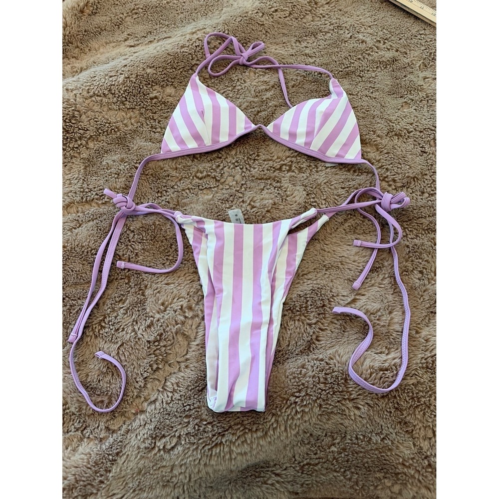 Bikini Purple White Striped Triangle-string  High Cut Tie Swimsuit Medium